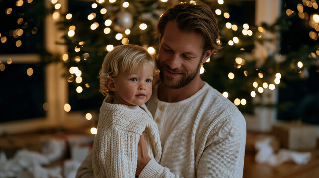 Father lifting a toddler to hang a homemade ornament near the top of a Christmas tree in a dim living room lit entirely by string lights, the child's face flushed with