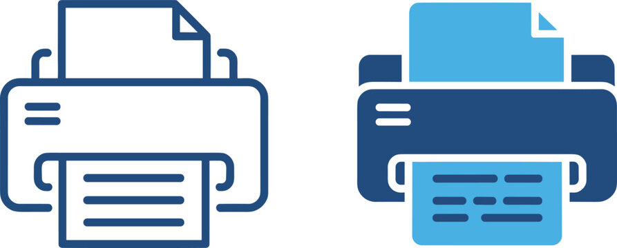 Printer icon in outline and filled styles on a white background printing office equipment document output paper feed print device copy machine