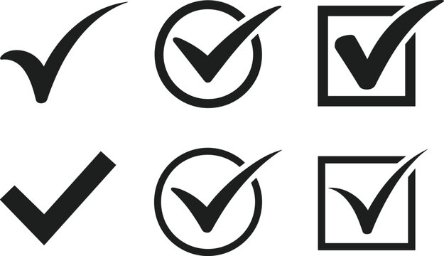 Check mark icons in black featuring variations of a tick symbol against a white background affirmative approval checkmark checkmarks confirm confirmation correct