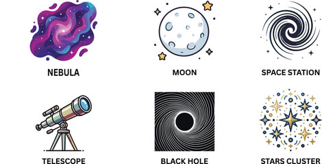 Space Astronomy Vector Icon Collection Featuring Nebula Moon Telescope Black Hole Stars and Cosmic Elements © Sree