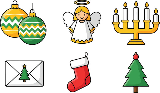 Holiday icons set ornaments angel menorah stocking and christmas tree