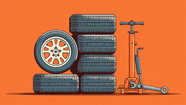 Stack of Car Tires with Scooter and Pump on Orange Background.