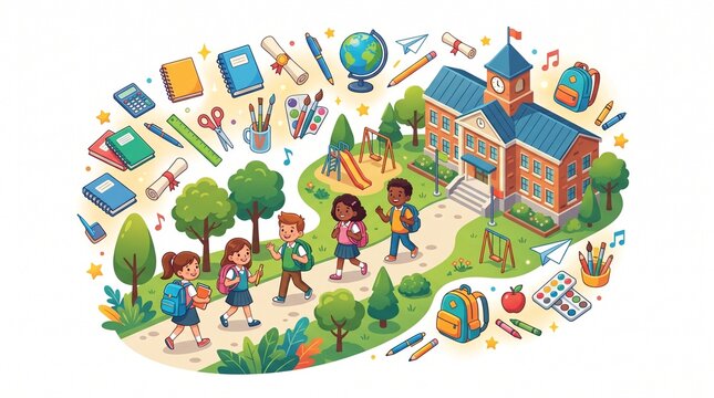 Back to School Illustration with Happy Children, School Building and Education Supplies