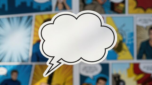 Blank comic speech bubble over colorful pop art background, white thought cloud on blurred comic book page, creative dialogue frame for text