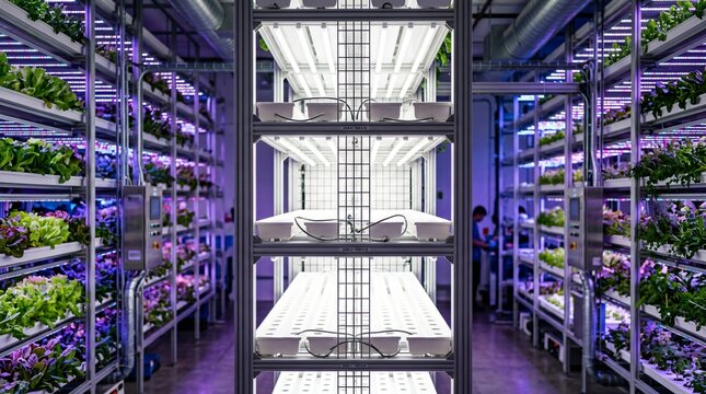 Indoor Vertical Farm with LED Grow Lights - Sustainable Agriculture.
