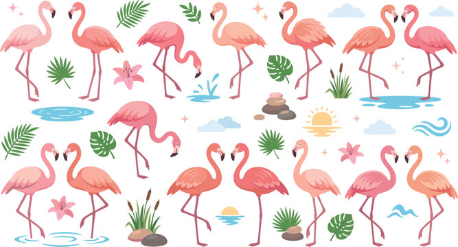 Tropical Pink Flamingo Vector Character Set with Exotic Monstera Leaves Flowers and Summer Beach Elements for Pattern and Greeting Card Designs