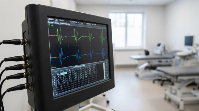 Clinical electromyography (EMG) muscle response evaluation console monitor screen displays Acute Electric Spike Potential waves. Healthcare support. Hospital medical diagnostic equipment. Copy-space.