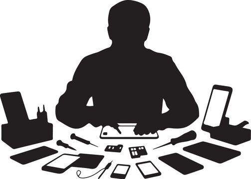 Black silhouette of man repairing smartphone surrounded tools