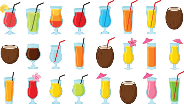 Colorful Tropical Summer Cocktail and Juice Drink Collection Cartoon Illustration Set