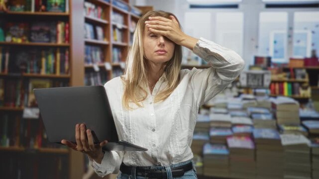 Woman holding laptop with hand on forehead facepalm among bookshelves in a bookstore building, looking tense and distracted; stress overwhelm.