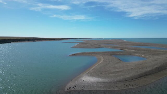 Aerial view of coastal lagoons and sandspit landscape at Peninsula Valdes Patagonia Argentina