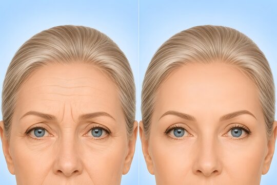 Medical vector illustration of mature woman anti-aging endoscopic brow lift surgery before and after