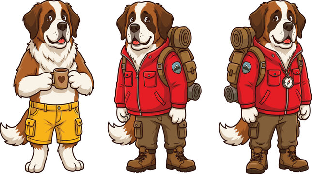 Cute Saint Bernard Dog Hiker Mascot Character Cartoon Illustration Set