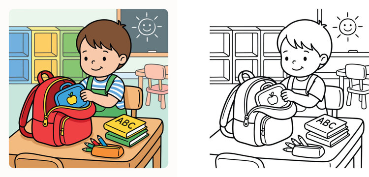 Cute cartoon boy packing lunchbox into red backpack in classroom with black and white coloring book page template vector illustration