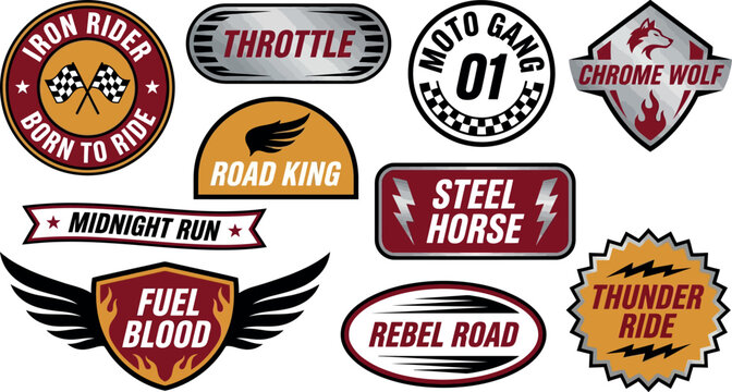  Motorcycle Club Badge Sticker Design Set for Biker Apparel Branding, Rider Community Identity, Road Event Promotion, and Motorsport Merchandise Applications