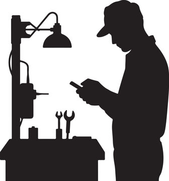 Black silhouette of man using phone at workbench with tools