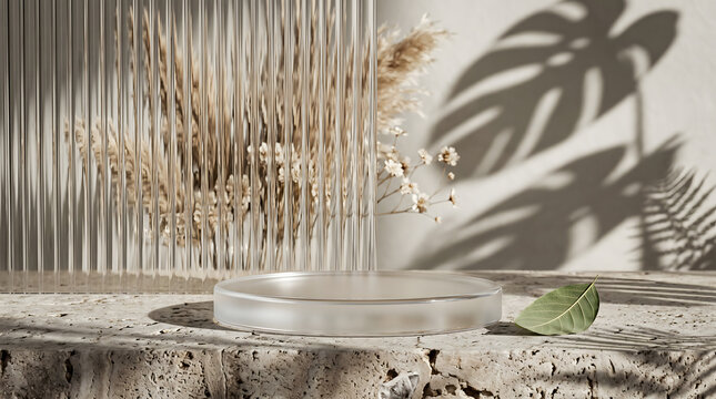 Minimalist 3D scene showcase with optical glass pedestal on textured stone surface. Organic modern background featuring ribbed glass panels, dried pampas grass, and cinematic monstera leaf shadows.