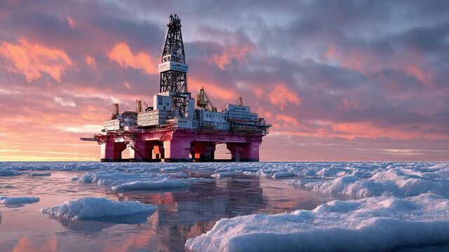 Arctic Rig at Dawn: A formidable oil rig stands amidst a frozen, icy seascape, silhouetted against a breathtaking dawn sky painted with hues of orange, pink, and purple.