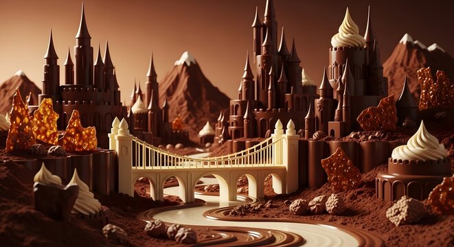 A fantastical chocolate city with towering castles and a white chocolate bridge.