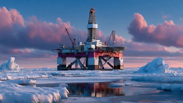 Arctic Oil Rig at Sunset: A formidable offshore drilling rig stands tall amidst the icy expanse of the Arctic, silhouetted against a breathtaking sky painted with hues of pink and orange.