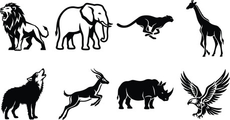 Wild animals vector silhouettes set featuring roaring lion elephant running cheetah giraffe howling wolf gazelle rhinoceros and flying eagle icons © Saminur