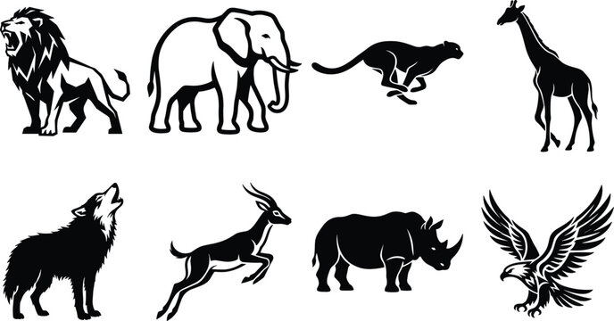Wild animals vector silhouettes set featuring roaring lion elephant running cheetah giraffe howling wolf gazelle rhinoceros and flying eagle icons