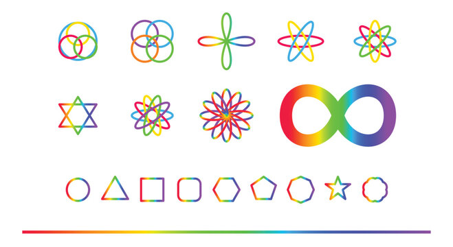 Set of outline vector geometric icons with bright rainbow gradient coloring including infinity loops overlapping rings star and basic shapes