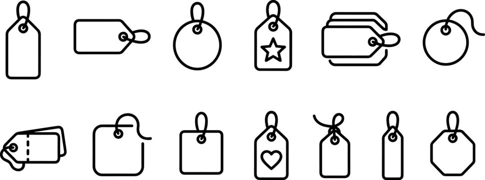Blank Price Tag and Label Line Icon Set with String for Shopping Promotions, Retail Merchandise, E-commerce Websites, and Product Branding Designs