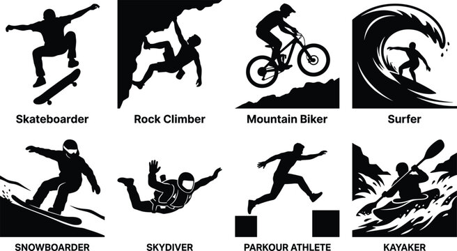 Extreme sports vector silhouettes set featuring skateboarder rock climber mountain biker surfer snowboarder skydiver parkour athlete and kayaker icons