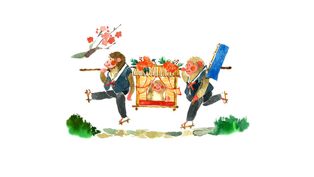 籠を担いで走るサルの可愛い和風正月手描き水彩イラスト素材
Cute horizontal Japanese style watercolor illustration of monkeys carrying a palanquin