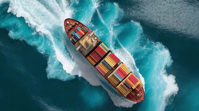 Container Ship at Sea: A large container ship navigates through choppy blue waters, its deck laden with colorful cargo containers, showcasing the vastness and power of global maritime transport.