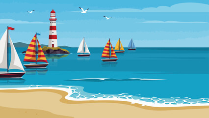 Naklejka premium Sailing boats and lighthouse on ocean coast vector background landscape