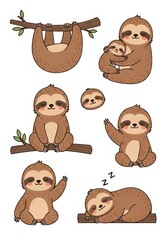 Fototapeta premium Cute Sloth Vector Illustration Set with Various Poses Including Sleeping, Hanging, and Hugging for Kids Design