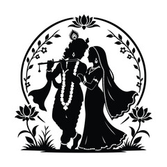 Elegant black and white silhouette of Radha Krishna playing flute together © designerapu