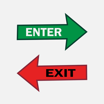 Green enter and red exit arrows pointing in opposite directions on white background arrow. Resizable and editable, EPS 10.