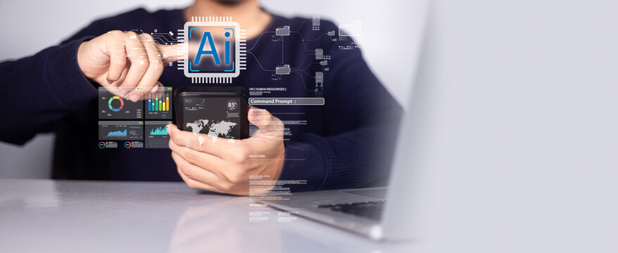 AI generative technology and prompt engineering artificial intelligence concept, man using tools communicating with smart robot assistant for business data automation