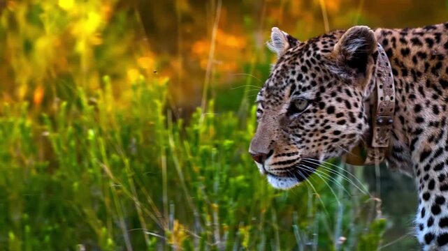 Close up of a majestic leopard in a lush green environment