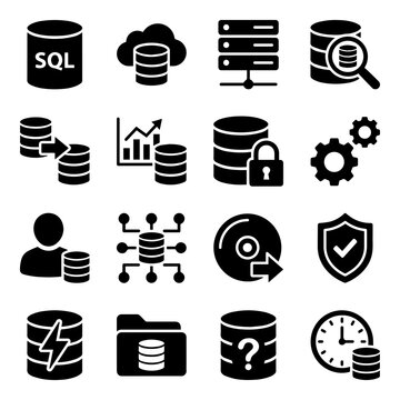 Database Icons Collection Solid Black Glyphs On White Background