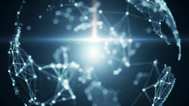 A cinematic close-up of a sleek, translucent futuristic digital interface with intricate, luminous patterns intensifying to a central glow, casting volumetric light rays against a dark, blurred