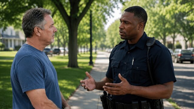 Neighborhood officer explaining situation to resident on quiet street. Concept of public safety, community relations, street patrol, conflict prevention and local support.