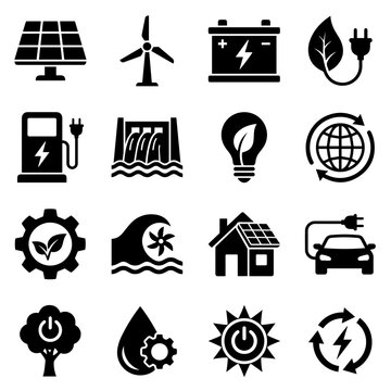 Renewable Energy Icons Solar Panels Wind Turbines And Electric Power Symbols