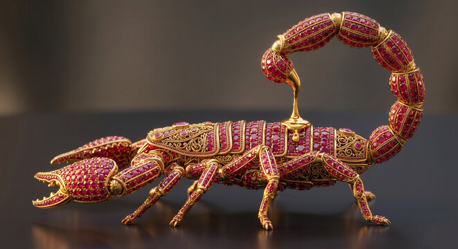 Ruby and gold scorpion stinging itself in a surreal luxury style, dripping molten gold in a cinematic self-destruction metaphor