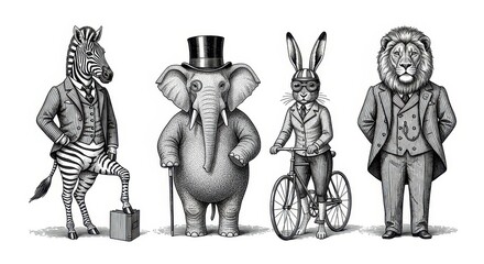 Obraz premium Vintage Style Anthropomorphic Animals Illustration Featuring Zebra Elephant Rabbit and Lion in Victorian Suits