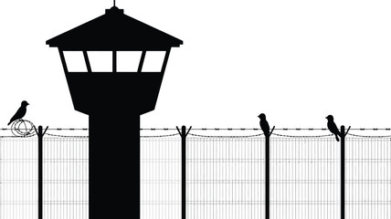 Obraz premium Black Silhouette Of Birds On Barbed Wire Fence With Watchtower For Prison Or Security Concepts