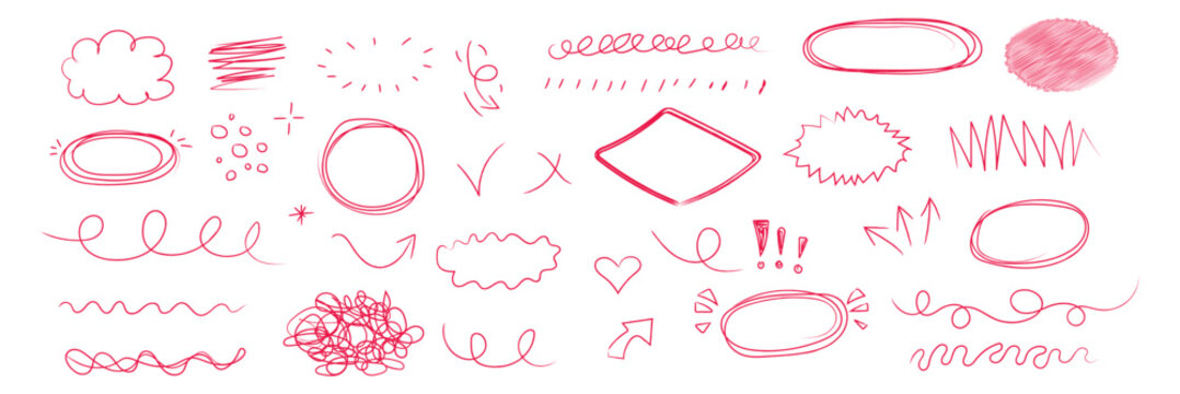 Highlight crayon scribble red crayon hand drawn round rough elements, borders, underlines. Freehand ovals, arrows, scribbles doodle. Chalk pencil ellipse frames. Chalk pencil scribbles, strokes