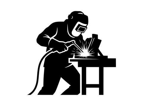 Industrial Welder Working on Metal Bench Silhouette Illustration