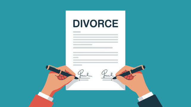 Two hands holding pens signing divorce document on teal background for marriage dissolution concepts