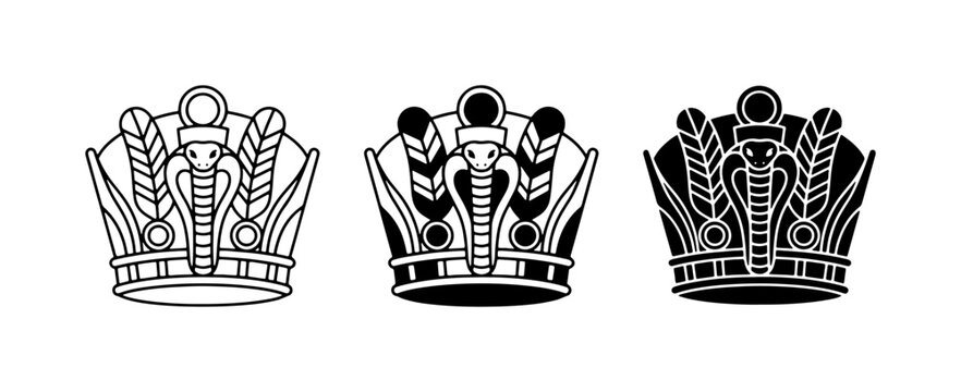 Egyptian Cobra Crowns, Royal Symbols, Ancient Egypt Royalty Icons, Black and White Vector Set