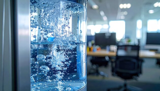Bubbles in water tank with blurred office interior background.