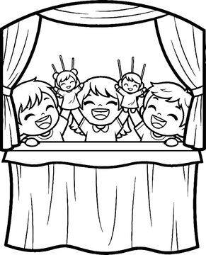 Happy children laughing behind puppet theater stage illustration.